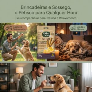 Petisco Calmante para Cães LITHO DOG Stick Palitos Macios • Antiestresse Natural • Maracujá Camomila Cúrcuma • Ansiedade Cachorro • 250g • Com Algas Lithothamnium